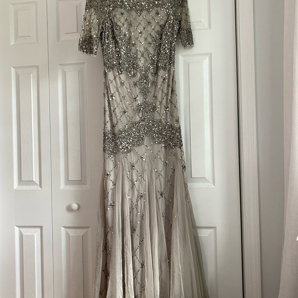 Adrianna Papell Silver and Cream Maxi Dress